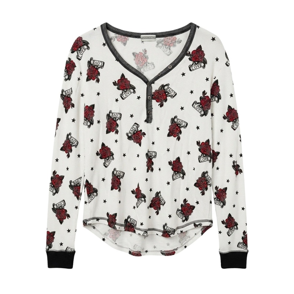 P.J. Salvage Womens Waffle Knit Henley Sleep Top Rose Tattoo Print Long Sleeve S